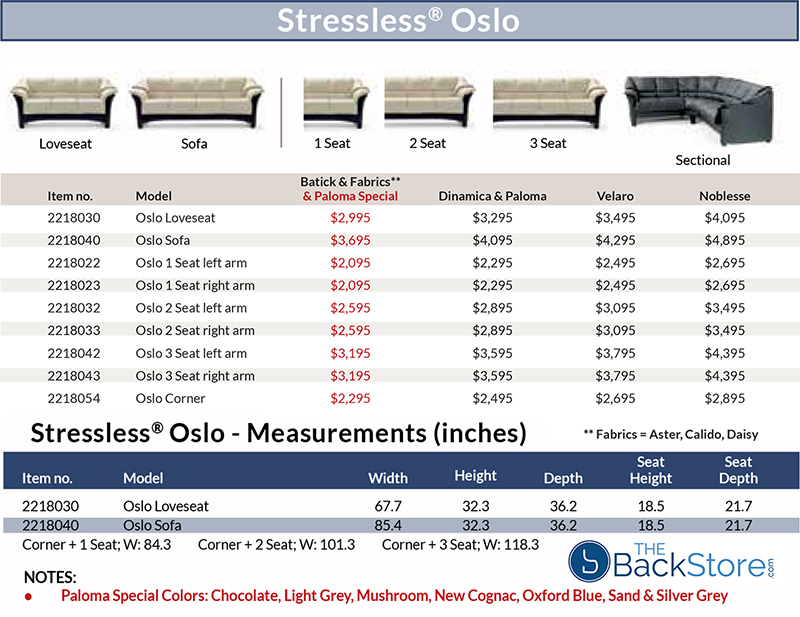 Stressless Oslo Sofa and Loveseat Pricing and Measurements