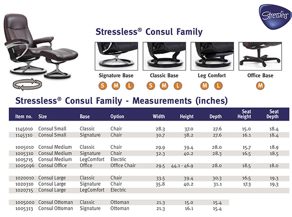 Stressless Consul Recliner Chair and Ottoman Size Dimensions