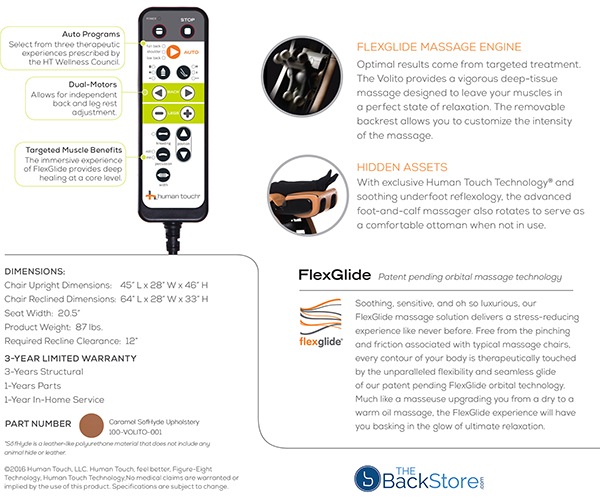 Human Touch Volito ZeroG Zero Gravity Massage Chair Recliner Specifications